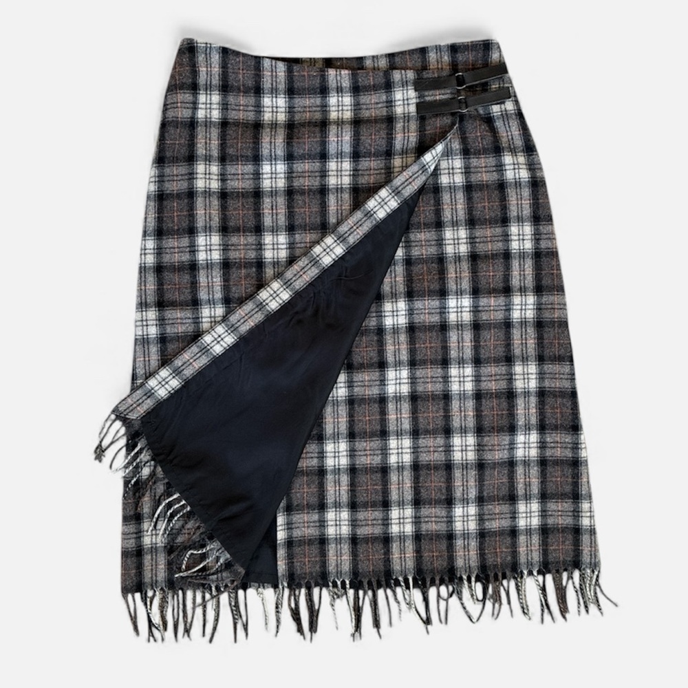 Jenne Maac Plaid Gray and Black Tassel Hem Wrap Wool Skirt Size L